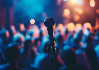 Close-up of Microphone on Stage with Blurred Audience in Background at Live Concert Event