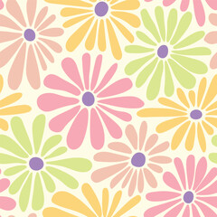 Retro floral vector background. Surface design in style of hippie. Vintage groovy daisy flowers. Modern pattern design for textile, stationery, wrapping paper, gifts. 60s, 70s, 80s style