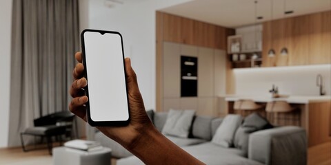 African-American Hand with smartphone in modern home, perfect for smart home app