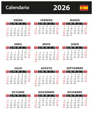 2026 Calendar - vector stock illustration. Spain, Spanish version | Calendario 2026 - ilustraci&oacute;n vectorial de stock. Espa&ntilde;a, versi&oacute;n en espa&ntilde;ol