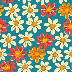A blue and orange flower pattern with many flowers