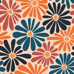 Retro floral vector background. Surface design in style of hippie. Vintage groovy daisy flowers. Modern pattern design for textile, stationery, wrapping paper, gifts. 60s, 70s, 80s style