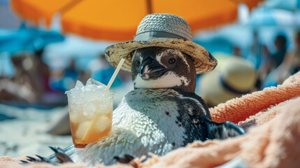 A Penguin in human clothes lies on a sunbathe on the beach, on a sun lounger, under a bright sun umbrella