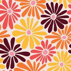 Retro floral vector background. Surface design in style of hippie. Vintage groovy daisy flowers. Modern pattern design for textile, stationery, wrapping paper, gifts. 60s, 70s, 80s style