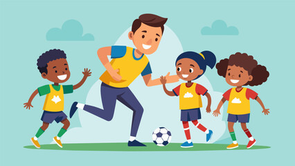 The sound of laughter and the occasional whistle fills the air as kids in colorful jerseys run drills and practice ballhandling under the watchful eye. Vector illustration