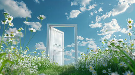 A white door stands ajar, revealing a breathtaking view of a clear blue sky. In the distance, a vast field of white flowers stretches out, creating a serene and picturesque scene. The open door invite