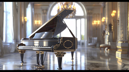Grand Piano in Elegant Room A grand piano positioned in an elegant room with soft lighting...