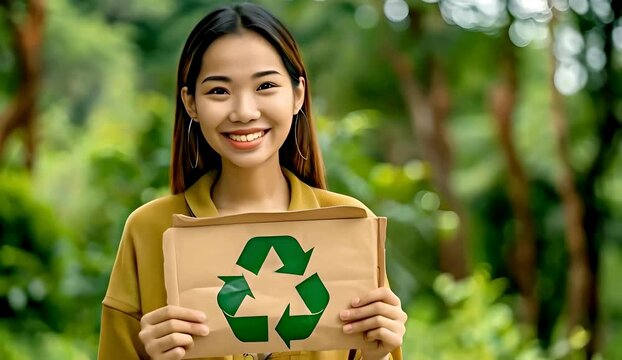 Young smiling black Asian woman holding a placard with a green recycling sign. Recycle concept, copy space for text	