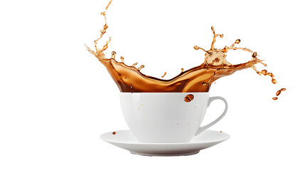 White cup of coffee splashing isolated on white background.