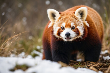 cute red panda in snowy forest