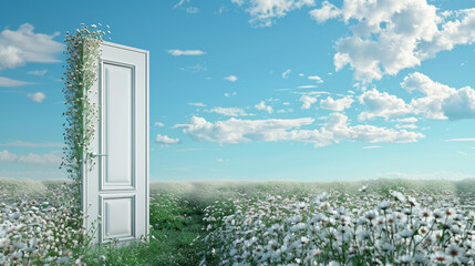 A white door stands ajar, revealing a breathtaking view of a clear blue sky. In the distance, a vast field of white flowers stretches out, creating a serene and picturesque scene. The open door invite