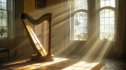 Harp in Sunlit Room A harp positioned in a sunlit room with rays of sunlight gently illuminating...