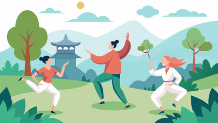 The garden becomes a sanctuary for this Tai Chi group as they escape from the hustle and bustle of everyday life to find inner peace.. Vector illustration