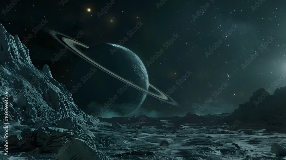 Wall mural a planet with rings is seen in the galaxy, universe, with a rocky, barren landscape in the foregroun