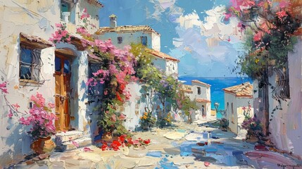 An oil painting street scene a picture with life, sunshine