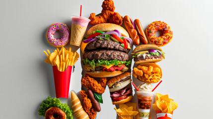 A large burger is surrounded by a variety of food items, including a donut