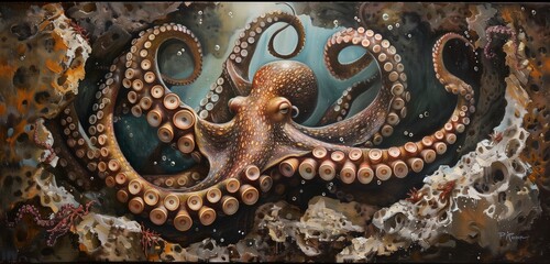 An agile octopus expertly navigating through a maze of underwater caves with precision and grace. 