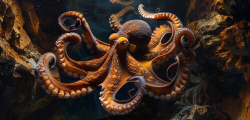 A curious octopus extending its tentacles to investigate a colorful array of marine life on the ocean floor. 