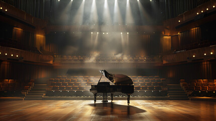 Piano in Concert Hall A piano placed on a stage in a concert hall surrounded by empty seats and illuminated by stage lights evoking anticipation for a captivating musical performance.