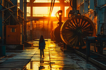 A young Indian woman walking through an industrial power plant at sunrise, her curiosity piqued as she observes the machinery in motion.