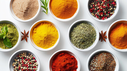 An array of colorful spices in small white bowls, neatly arranged, vibrant colors