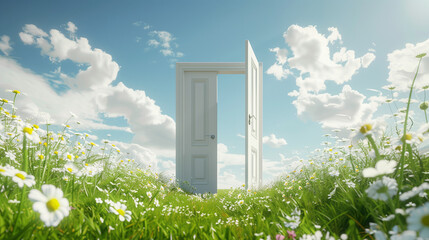 A white door stands ajar, revealing a breathtaking view of a clear blue sky. In the distance, a vast field of white flowers stretches out, creating a serene and picturesque scene. The open door invite