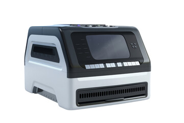 Obraz premium A white and black printer with a black screen. The printer is a modern design with a sleek and clean look