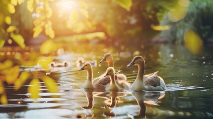 Geese swim to the river bank on a sunny day with lush greenery in the background. The serene summer scene captures the geese's graceful movements and the tranquil river environment. Concept of wildlif