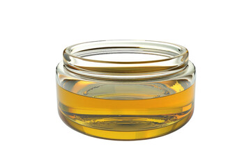 A glass jar filled with a yellowish liquid. The jar is sitting on a white background. The liquid appears to be a mixture of oil and water