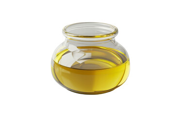 A glass jar filled with yellow liquid. The jar is sitting on a white background