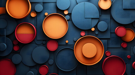 Abstract Geometric 3D Composition of Circles in Blue, Orange, and Red