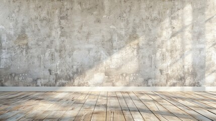 Empty Floor. Minimalist Modern Interior Design with Grey Wall and Wooden Beige Floor