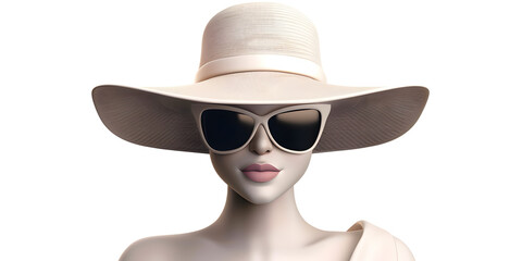 woman in sunglasses and big hat with white backgroubd, Trendy Woman Wearing Sunglasses and Large Hat: White Background