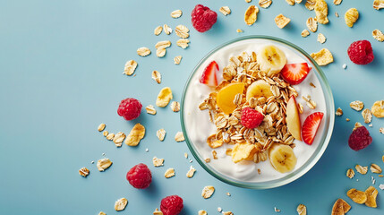 yogurt and fruit muesli on a blue background.