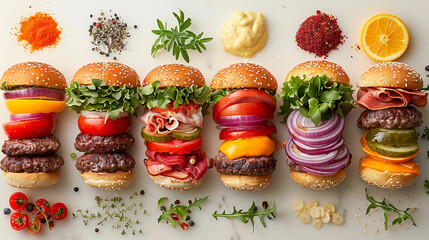 A deconstructed burger and veggies spread on a surface.
