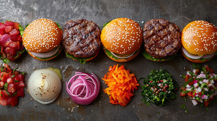 A deconstructed burger and veggies spread on a surface.