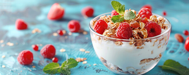 yogurt and fruit muesli on a blue background.