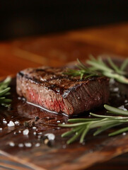 medium-rare steak on wooden board garnished with rosemary