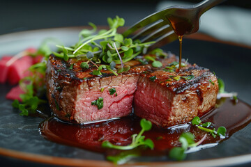 Medium-rare steak with red wine juicy.