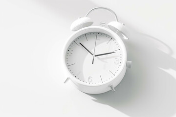 A classic alarm clock with a white case and two black hands, set for 5:00 AM, with a snooze button pressed in, casting a long shadow on a clean white background.