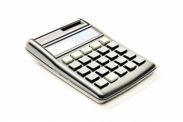 A classic pocket calculator with a black case and silver buttons, displaying a random number, resting on a white background.