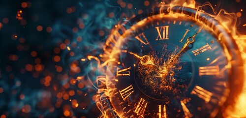 A timer clock engulfed in flames, its numbers melting away as time ticks down relentlessly. 
