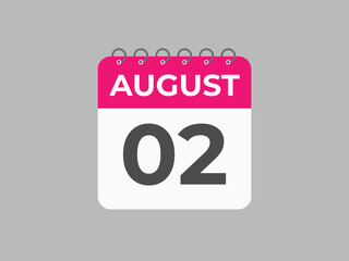 August 2 calendar reminder. 2 August daily calendar icon template. Calendar 2 August icon Design template. Vector illustration
