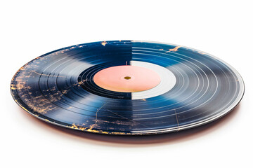 A classic vinyl record with a colorful label and a worn record sleeve, resting on its side on a clean white background.
