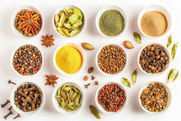 A collection of aromatic spices, each one adding depth and flavor to culinary creations, arranged neatly on a white tabletop.