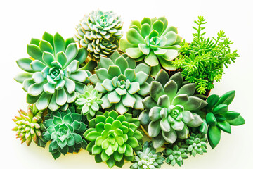 A collection of succulent plants, their vibrant green hues popping against the minimalist backdrop of a white studio.