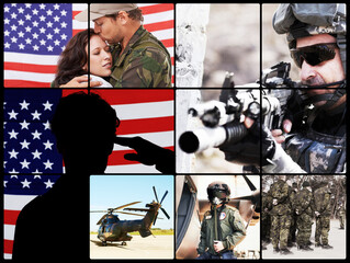 Collage, America and soldier for war, army and battle for country and reunion with wife. Male person or military veteran and salute with weapon for survive with mission mask and helicopter