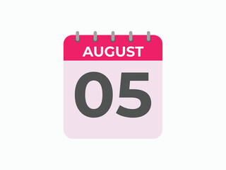 August 5 calendar reminder. 5 August daily calendar icon template. Calendar 5 August icon Design template. Vector illustration
