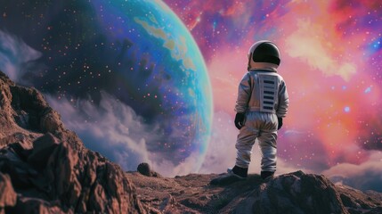 Happy elementary student wearing astronaut suit and exploring planet surrounded with vibrant color....