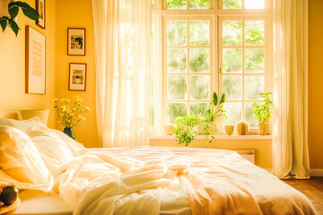 A cozy bedroom bathed in warm sunlight, inviting relaxation and tranquility in a modern home.